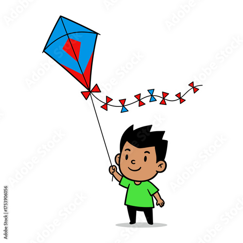 A cartoon boy with black hair is smiling and flying a blue and red kite with a bow-shaped tail.

