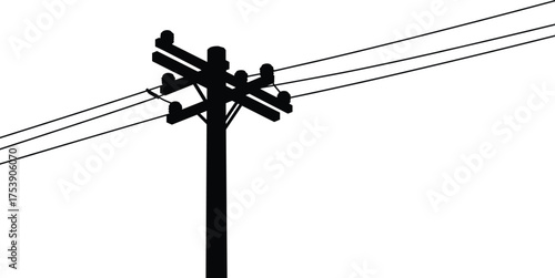 Silhouette utility pole with crossarms, electrical power lines, insulators, urban infrastructure, energy distribution, telecommunications, industrial structure, electricity grid