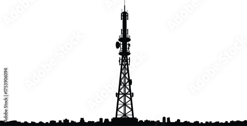 Silhouette communication tower, urban cityscape skyline, wireless antennas, broadcasting mast, telecommunication infrastructure, digital connectivity, modern technology, signal transmission