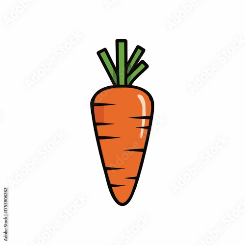 Vibrant cartoon style illustration of a fresh orange carrot with green leaves, showcasing healthy eating and dietary concepts against a clean white background