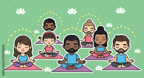 Group of diverse people meditating together in yoga class, finding inner peace and balance in a serene and calming environment.