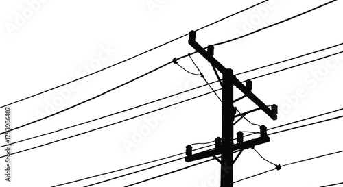 Silhouette of utility pole with power lines, electricity infrastructure, industrial energy network, urban skyline connection, electrical grid structure, high voltage cables
