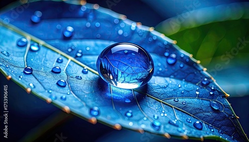 Macro Photography of a Large Blue Water Droplet on a Dark Blue Leaf with Smaller Droplets and Green Background Bokeh Macro Nature CloseUp Abstract