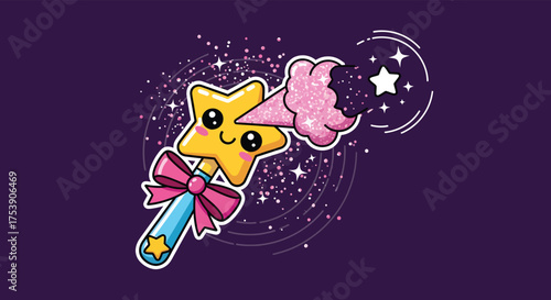 Cute star wand casting magical glitter in a whimsical purple space, creating a dreamy and enchanting atmosphere.