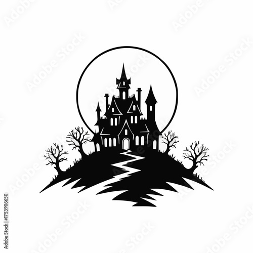 Silhouetted against a full moon a spooky gothic haunted house sits atop a hill with bare trees, conveying a chilling Halloween night scene in a vector illustration.