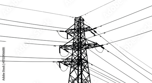 High voltage electricity transmission tower, metal lattice power pylon structure, energy infrastructure with multiple power lines, industrial grid system, 