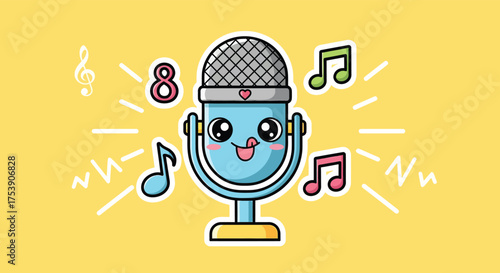 Cute microphone sings with musical notes on a yellow stage, creating a cheerful and lively atmosphere for entertainment.
