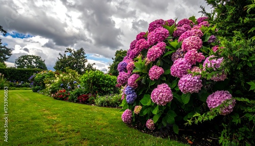 A vibrant garden displays bountiful pink hydrangea blooms