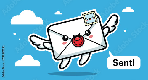 Cartoon envelope flies through the sky with wings, delivering a message of being sent, creating a whimsical and cheerful feeling.