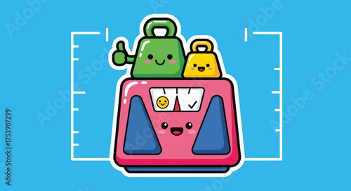 Cute scale weighing smiling weights in a bright, cheerful studio, promoting healthy living and positive body image with a playful, cartoon aesthetic.