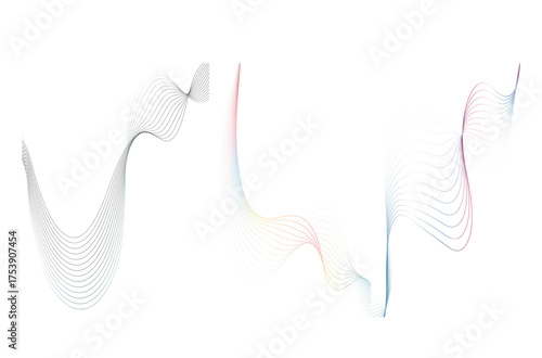 Wavy Abstract Forms with Fading Hues, Evoking Fluid Motion, Sound Waves, and Ethereal Digital Science Design multi-colored lines forming soft waves across a white background.