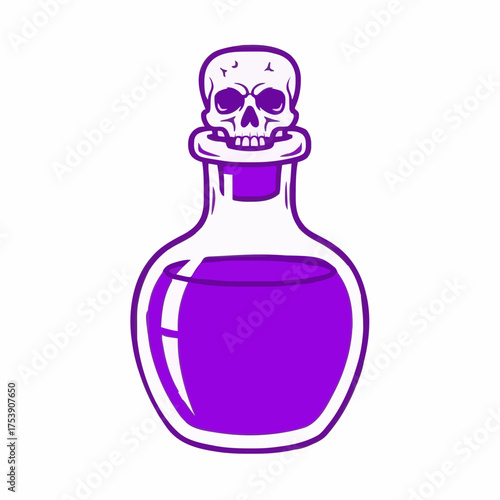 Isolated purple potion bottle, complete with a skull shaped stopper, symbolizes dark magic and is presented with a cartoon style on a clean white backdrop.