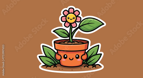 Cute flower character smiles happily in a terracotta pot surrounded by green leaves on a brown surface, depicting a cheerful and whimsical scene.