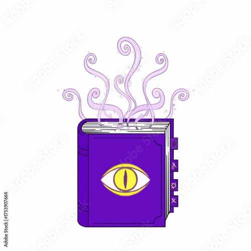 A mystical purple spellbook with an eye symbol emits swirling lilac smoke against a stark white background creating an eerie magical concept illustration.