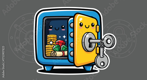 Cartoon safe holds gold coins, jewels, and scrolls in a secure location, representing financial security and treasure with a playful mood.
