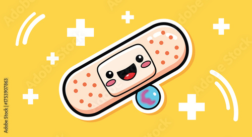 Cute bandage smiles cheerfully on bright yellow surface, surrounded by plus signs and a small marble, creating a playful and comforting atmosphere.