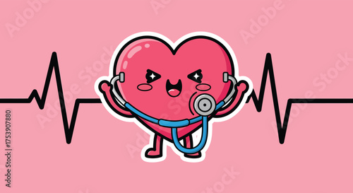 Cartoon heart character holding stethoscope examines heartbeat line on pink backdrop conveying health and wellness, promoting cardiovascular care and medical checkups.