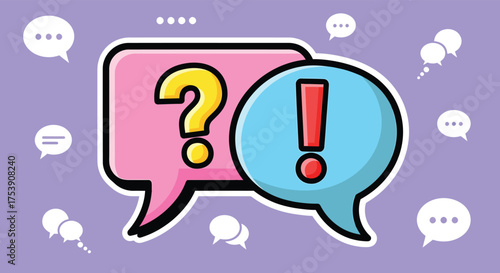 Question mark and exclamation point in speech bubbles communicate ideas on a purple surface, symbolizing communication and problemsolving.