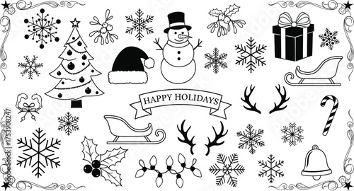 A collection of christmas themed drawings including a tree snowman and snowflakes in black and white