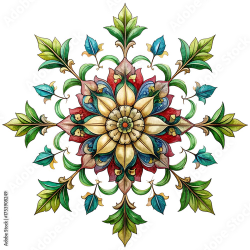 Intricate floral mandala design with vibrant watercolor art on black.