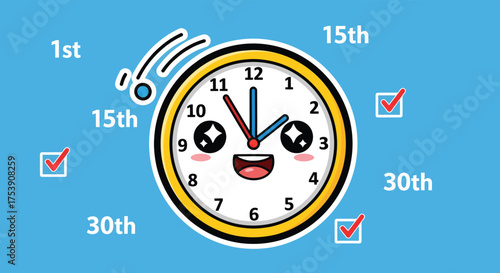 Cute clock character smiling and showing time passing with dates around it on blue backdrop, representing time management and deadlines in a cheerful way.