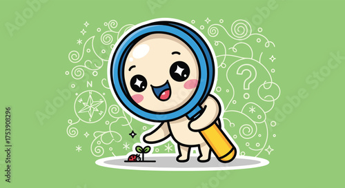 Cute cartoon character examining tiny sprout with magnifying glass on green backdrop, symbolizing discovery and growth in a whimsical style.