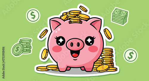 Cute piggy bank overflowing with gold coins on a light green backdrop, symbolizing savings and financial growth in a playful style.