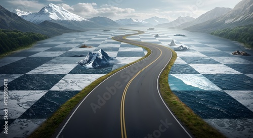A winding road traverses a lake designed as a chessboard, with mountains in the background