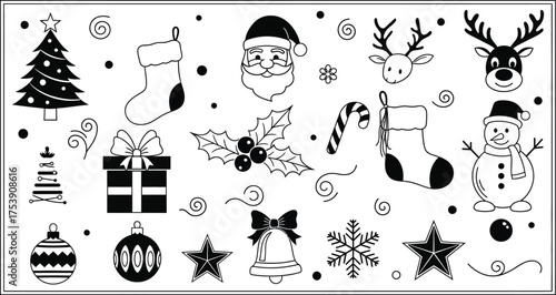 Black and white christmas themed line art illustration with various holiday elements displayed neatly