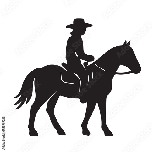 Vector silhouette illustration of a cowboy sheriff riding a horse, minimalist black and white design, outlined boldly, ideal for western art and storytelling.