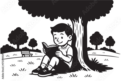 Vector drawing of a small boy enjoying a book under a shady tree at the park, monochrome black and white with dark outlines.