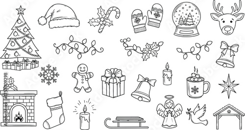 A black and white line art illustration of various christmas themed objects and holiday decorations
