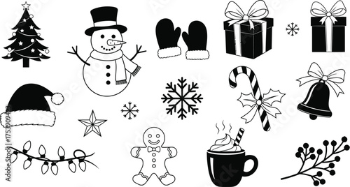 A collection of various christmas themed black and white vector illustrations on white background