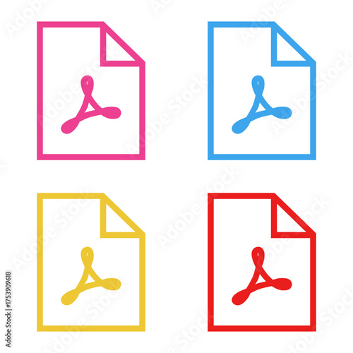 Minimalist PDF download and attachment icons, A set of four colorful line art file type symbols for websites, emails, and digital document management