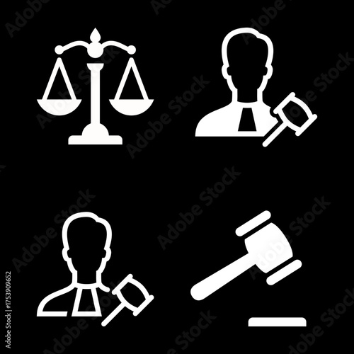 Judge gavel, and scales of justice icon set, Simple white legal symbols for representing law, order, auctions, and courtroom proceedings