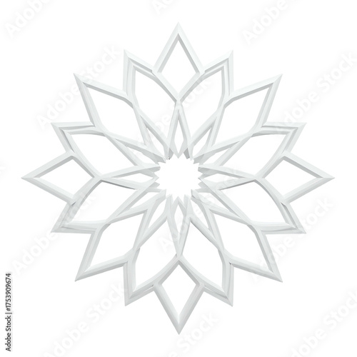 Geometric white star ornament on black background.