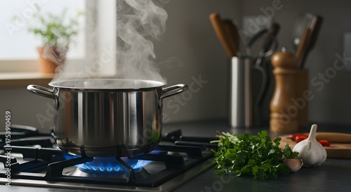 Fototapeta Naklejka Na Ścianę i Meble -  Steaming Pot on Gas Stove with Fresh Ingredients for Cooking