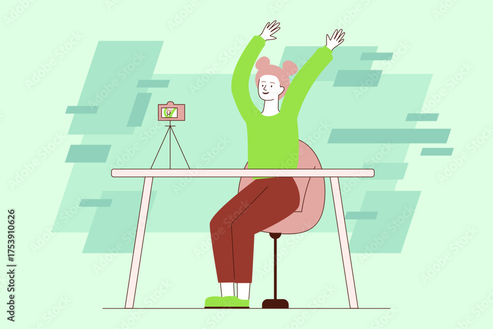 Fototapeta premium Person sitting at desk, raising their arms in excitement while interacting with camera in bright, cheerful room, perfect for streaming and connecting with audience