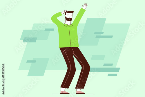 Man dressed in bright green shirt joyfully dancing in playful manner. His confident stance and happy expression creating lively atmosphere
