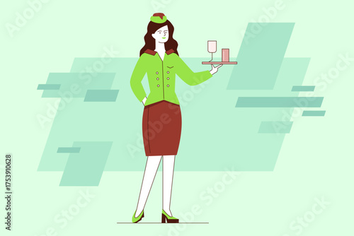 Flight attendant standing confidently while holding tray with two glasses. She wearing green uniform, smiling, ready to serve passengers during flight