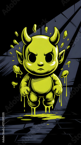 Cartoon illustration of a small green demon-like creature dripping with slime, glowing in dark surroundings. Unique mix of cute and creepy design, perfect for fantasy, gaming, or pop culture artwork.