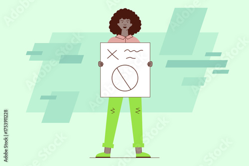 Person standing confidently, holding sign with bold symbols. Woman wearing pink top and green pants, surrounded by soft, abstract shapes. Peaceful demonstration concept