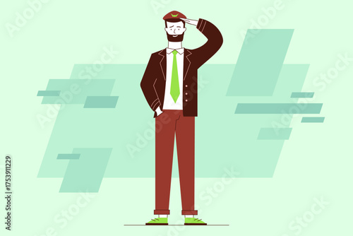 Pilot standing confidently, saluting while wearing stylish uniform complete with cap against green background