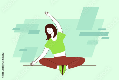 Woman practicing stretching exercise while seated on floor in relaxed position. She raising one arm above her head, promoting flexibility and wellness in calm environment