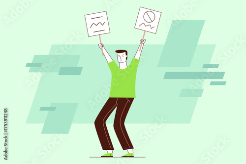Man with brown hair and green shirt standing confidently at rally, raising two signs. Man advocating for cause with determined expression