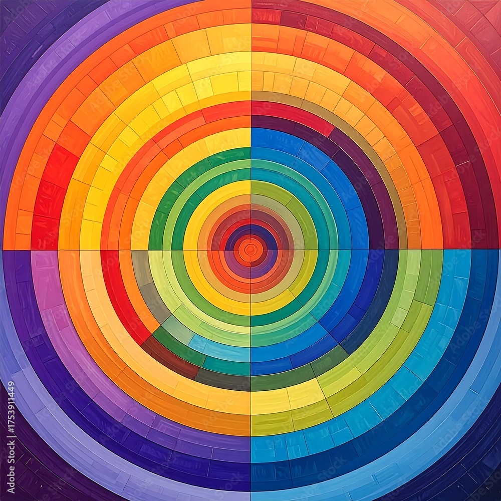 Fototapeta premium A vibrant, concentric-circle color wheel, divided into quadrants, showcasing a rainbow palette