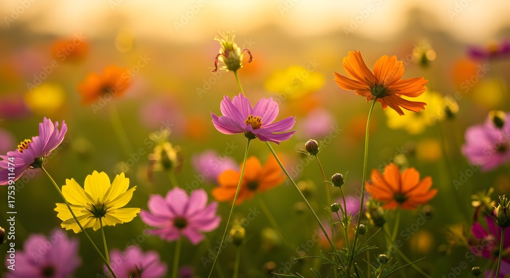 Fototapeta premium Vibrant Cosmos Flowers in Golden Hour Sunlight