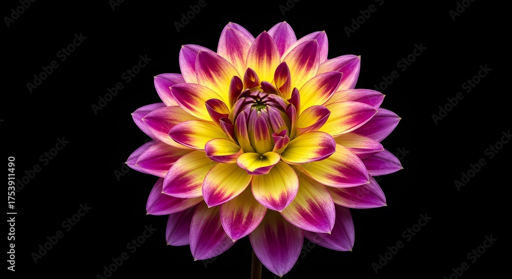 Fototapeta premium Vibrant Dahlia Flower with Pink and Yellow Petals Isolated on Black Background