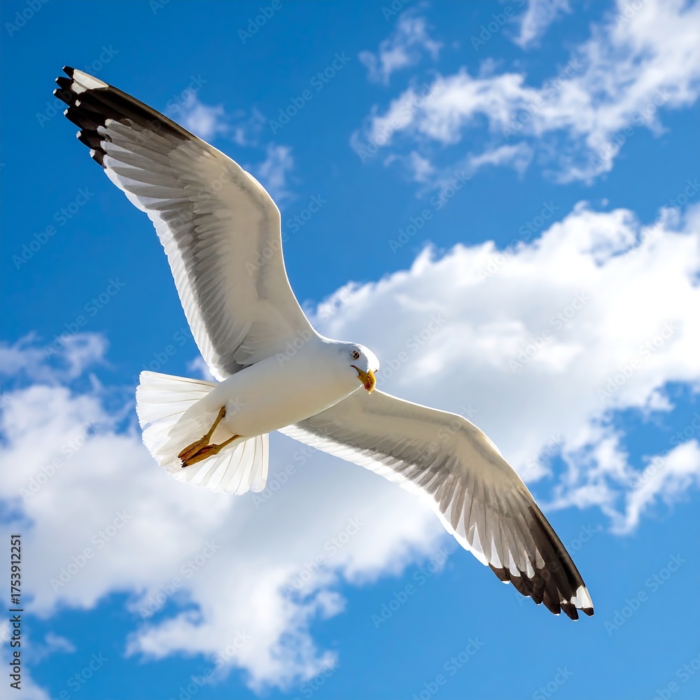Fototapeta premium A graceful seagull in flight against a vibrant blue sky with fluffy clouds
