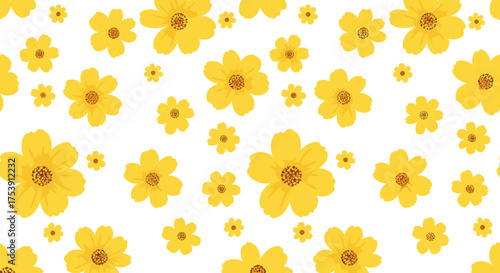 A delightful pattern of small yellow flowers scattered across a clean white background.